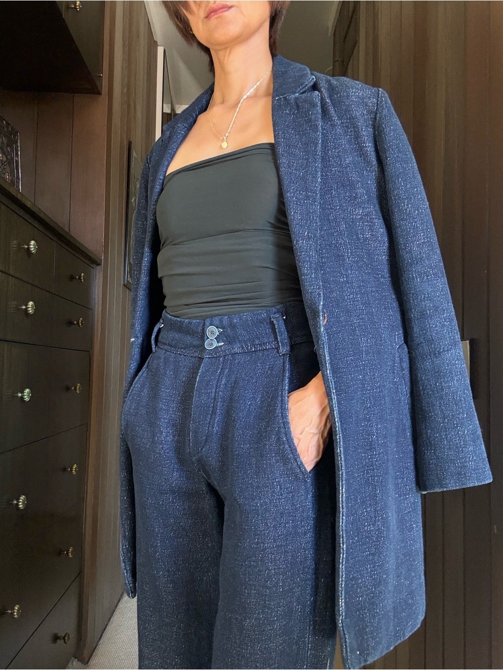 Zara Dark Navy Textured Trousers with Matching Coat